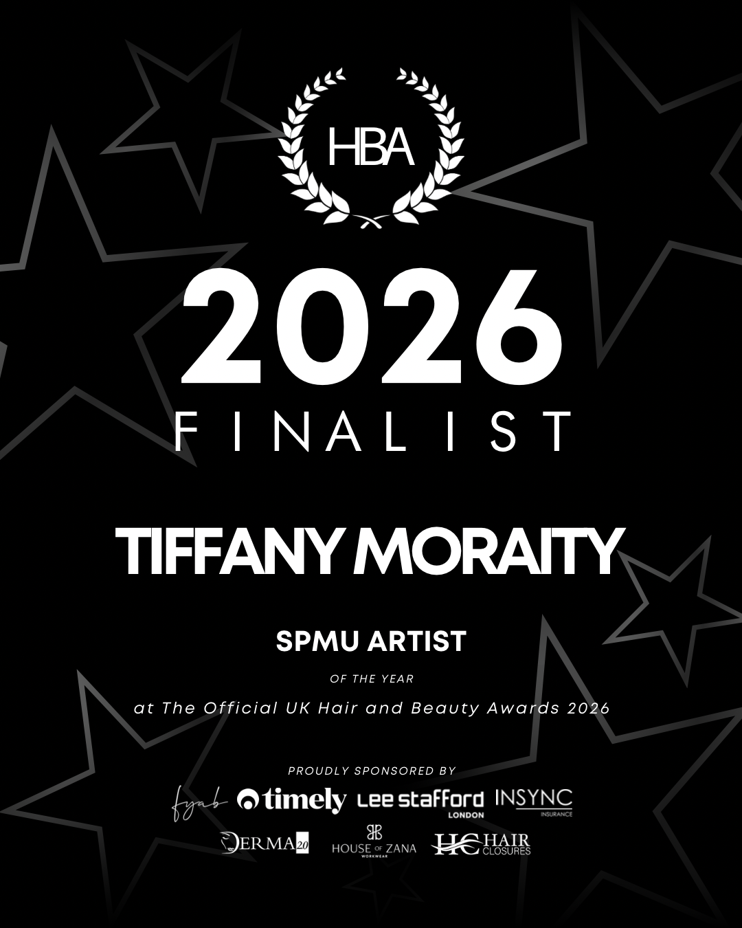 2026 Hair & Beauty Awards finalist badge — Tiffany Moraity, PMU Artist of the Year