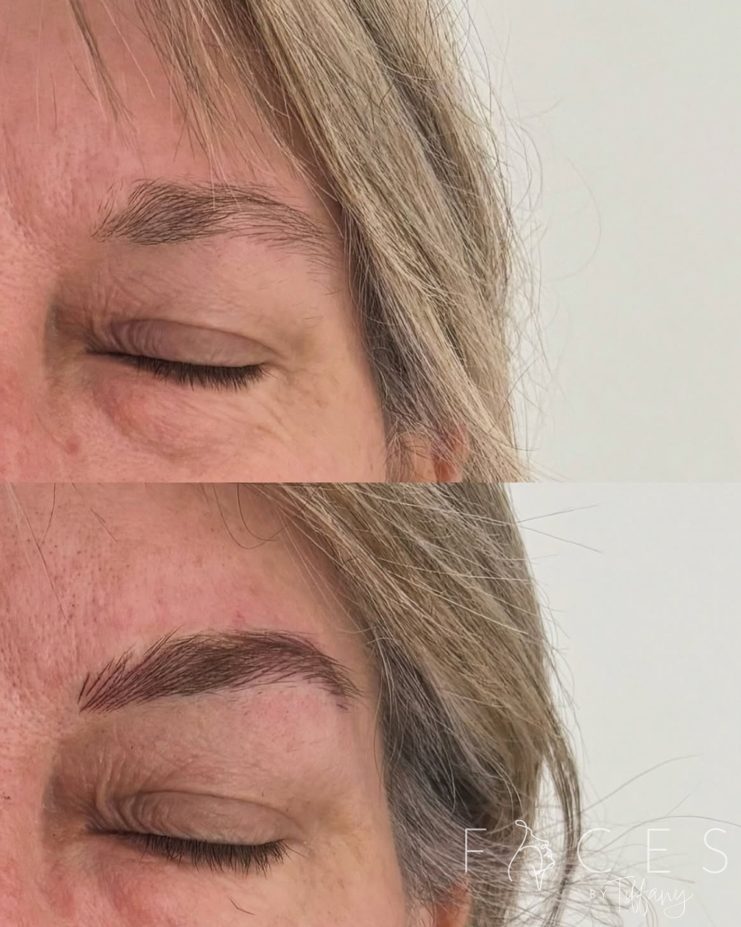 Before and after eyebrow microblading transformation showing enhanced shape and definition