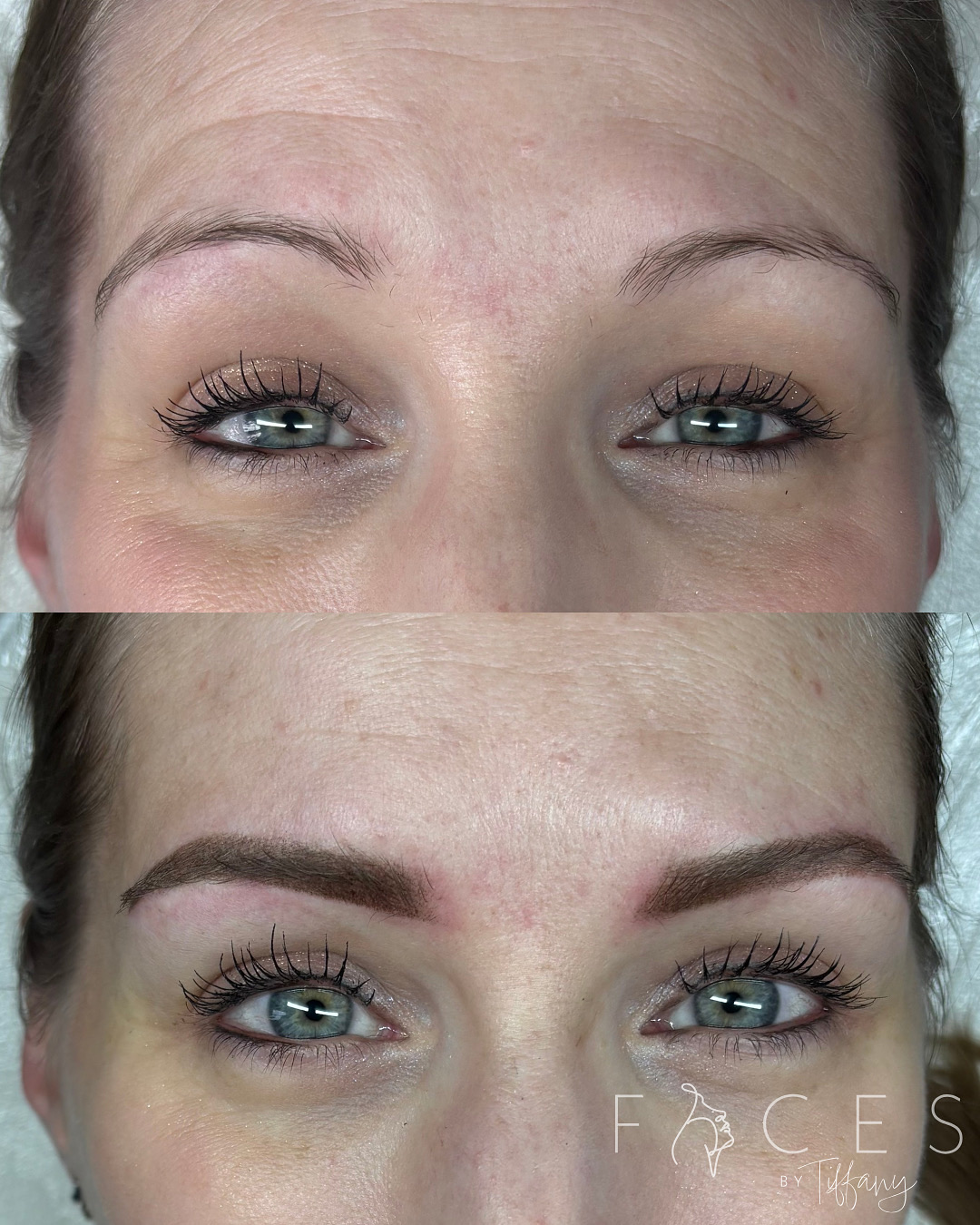 Before and after eyebrow transformation on blue-eyed client