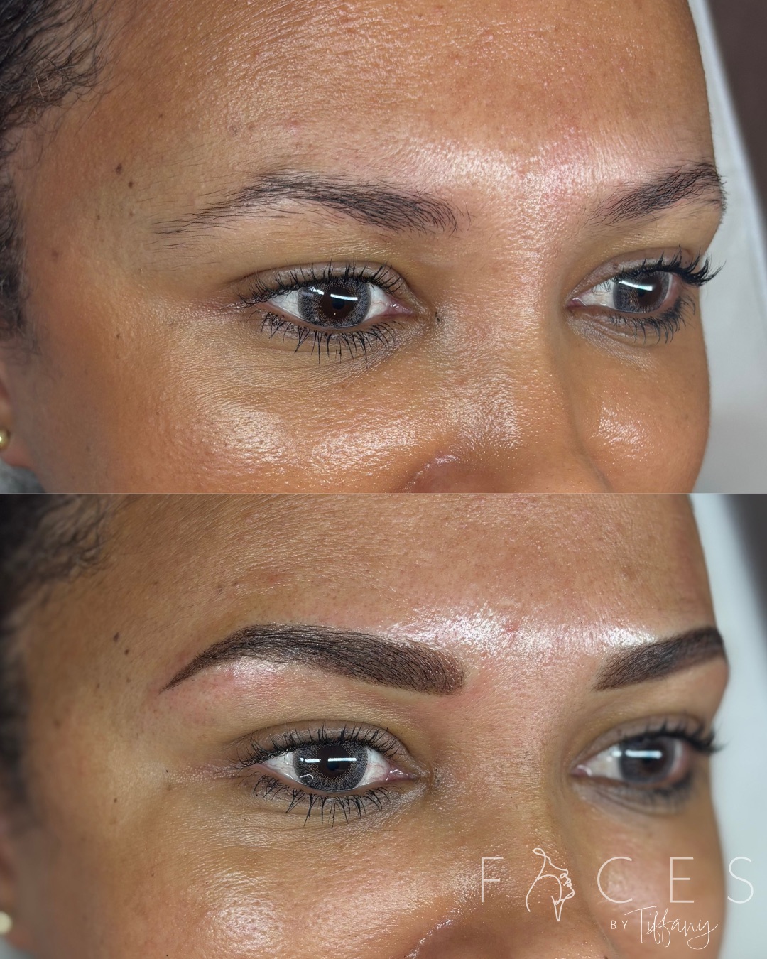 Before and after ombré brows on darker skin tone