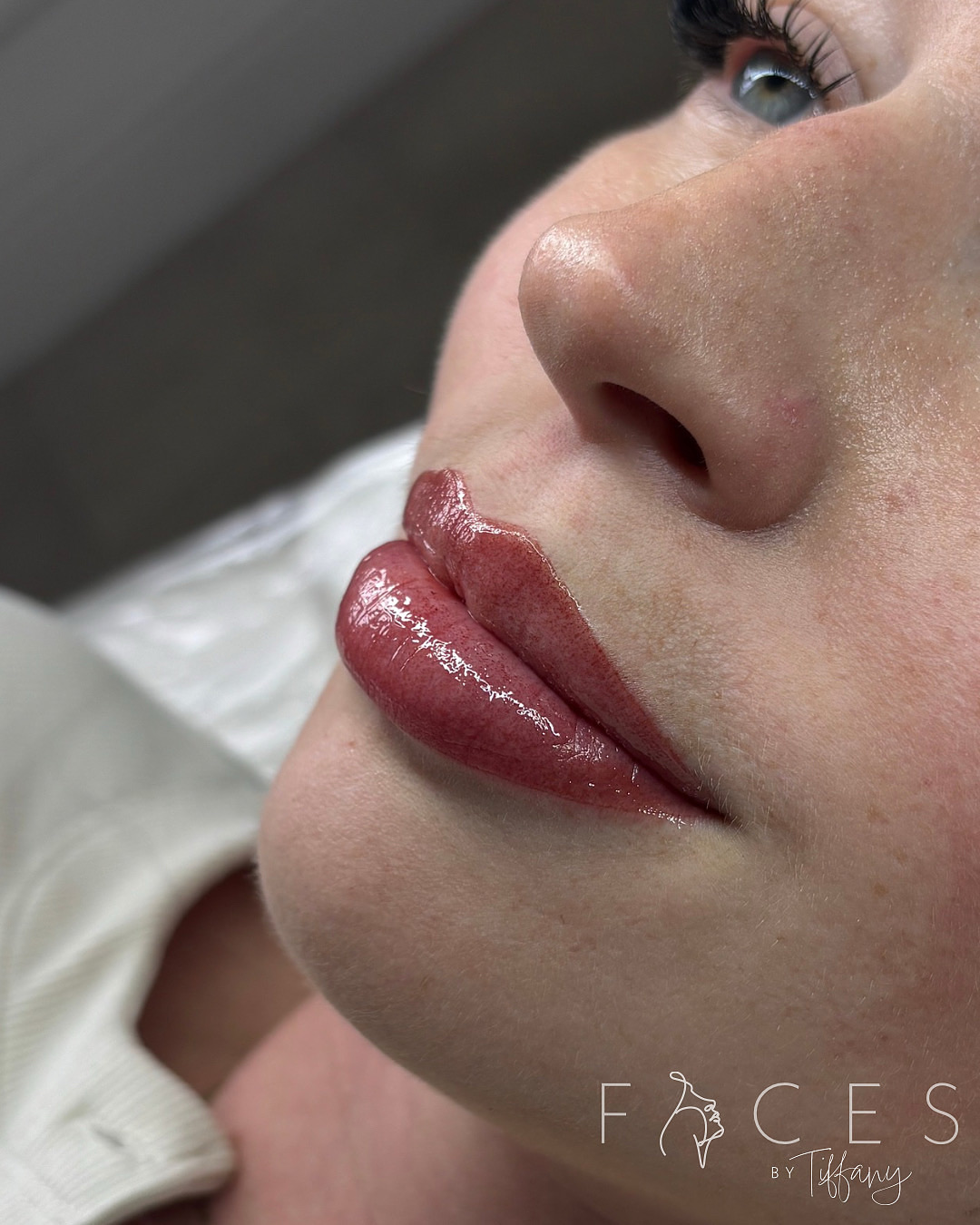 Close-up of lip blush treatment side angle