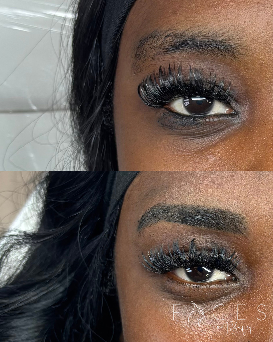 Before and after eyebrow transformation on darker skin tone