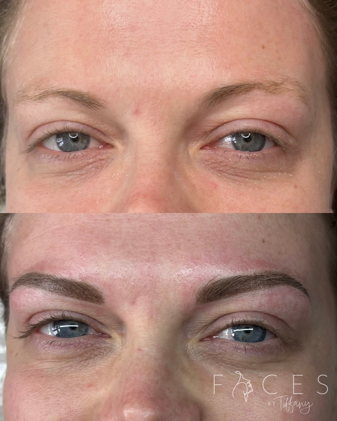 Before and after eyebrow transformation on blue-eyed client