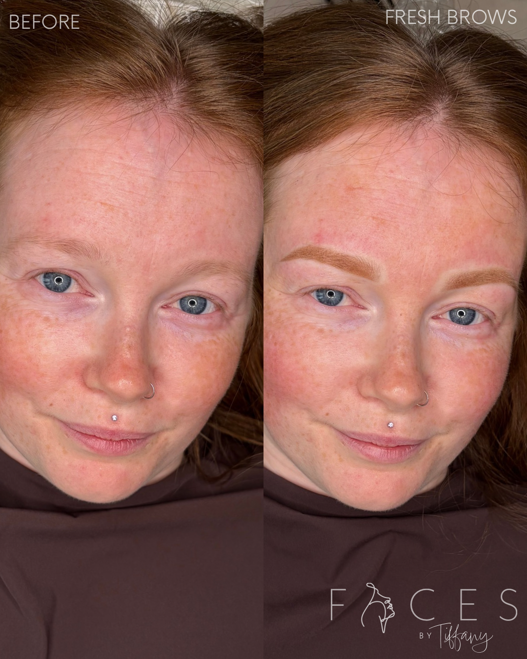 Fresh brows before and after on red-haired freckled client, Faces by Tiffany Exeter