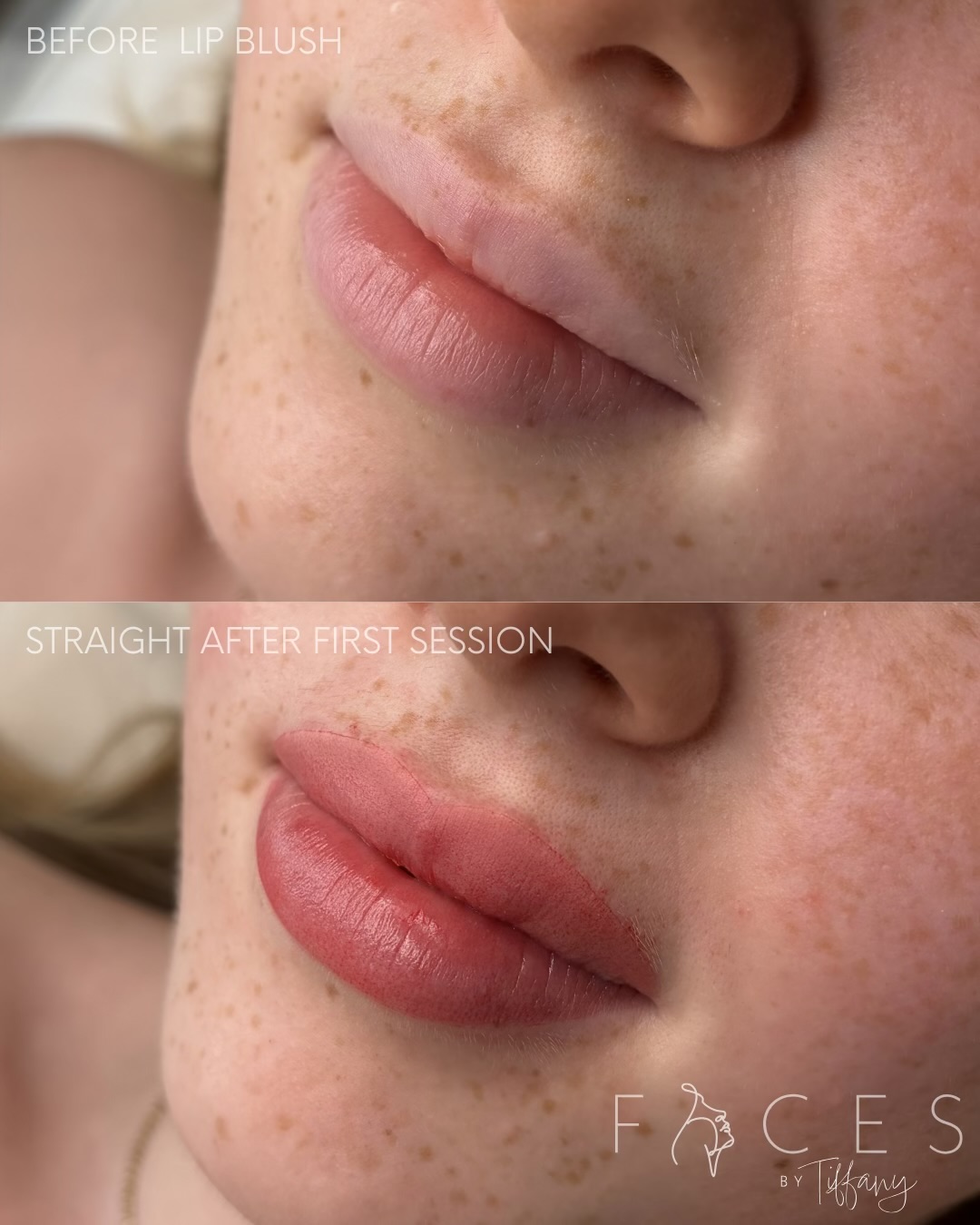 Lip blush before and after first session on freckled client, Faces by Tiffany Exeter