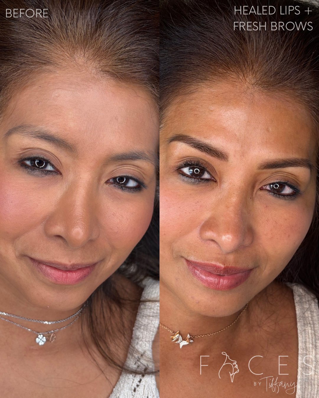Healed lip blush and fresh brows full face before and after, Faces by Tiffany Exeter