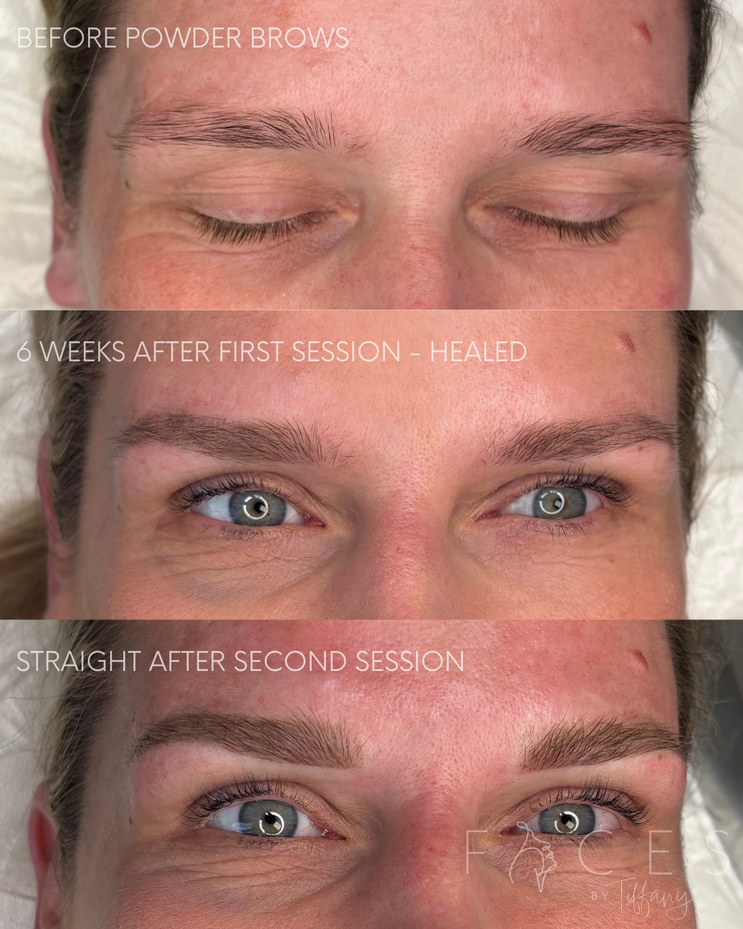 Powder brows before and after across sessions on blonde client, Faces by Tiffany Exeter